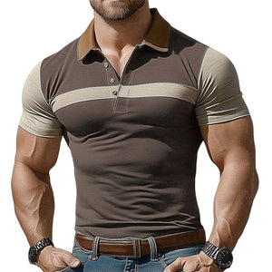 Camiseta de verano para hombre, color marrón, cuello polo, elástica, de corte entallado y con bloques de color