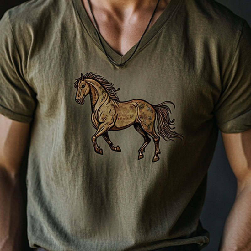 Men's Horse Print V-Neck Short Sleeve T-Shirt
