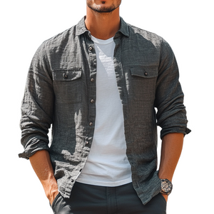 Camisa informal de manga larga de algodón y lino gris oscuro, agradable para la piel, para hombre