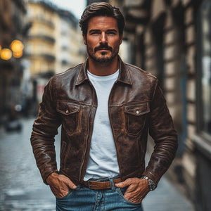 Herren Vintage Leder Distressed Revers Reißverschluss Slim Fit Jacke