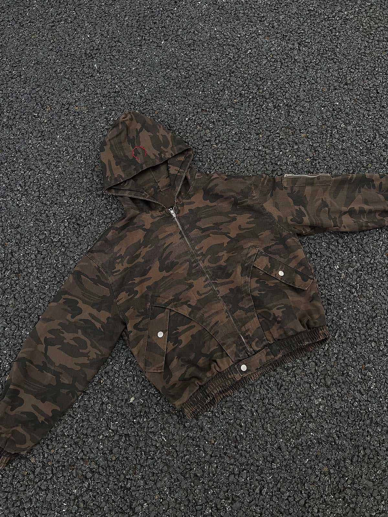 Deconstructed Camouflage Workwear Cardigan Hooded Jacket