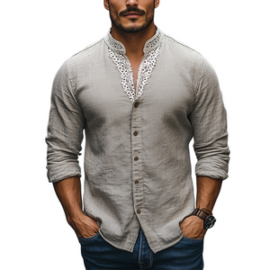 Camisa de manga larga de algodón y lino con cuello alto y encaje para hombre, moda de primavera