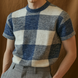 Lässiges, kariertes Herren-T-Shirt mit Rundhalsausschnitt und schmaler Passform, gestrickt, kurzärmelig