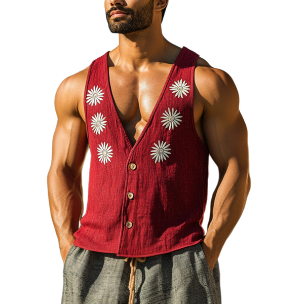 Chaleco informal ajustado de lino con cuello en V y botonadura sencilla con bordado de margaritas para hombre