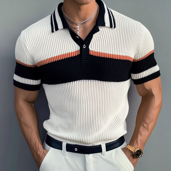 Men's Casual Contrast Lapel Slim Fit Knitted Short Sleeve Polo Shirt