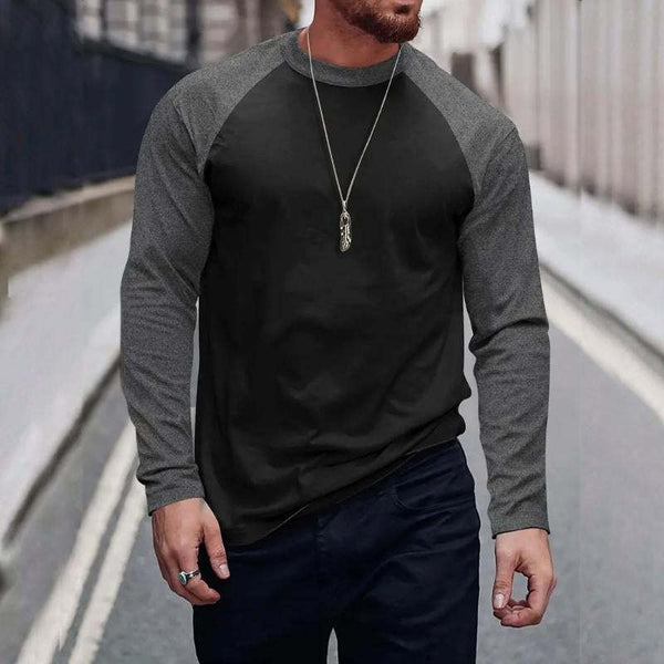 Camiseta retro informal de manga larga con cuello redondo y bloques de color para hombre