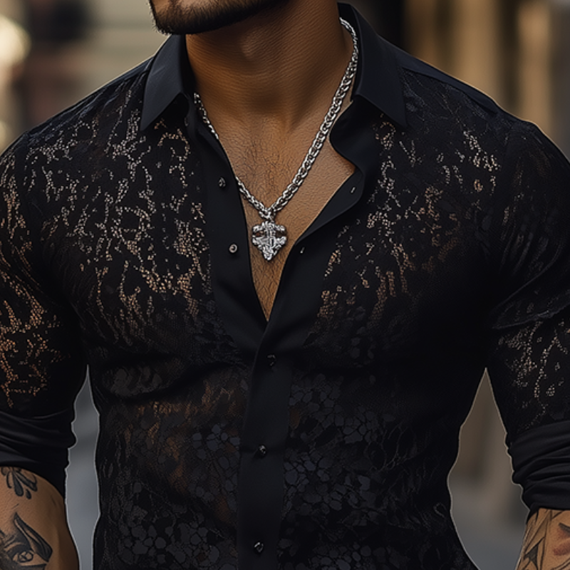 Men's Spring And Summer Fashion Sexy Lace Slim Long Sleeve Shirt