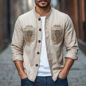 Camisa de manga larga de gamuza con bordado de bolsillo estilo retro occidental de moda de primavera para hombre