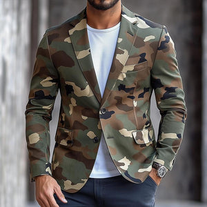 Blazer informal de un solo pecho con solapa con muesca y diseño retro de camuflaje para hombre