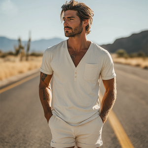 Camiseta informal de ante con cuello en V y manga corta para hombre, de primavera