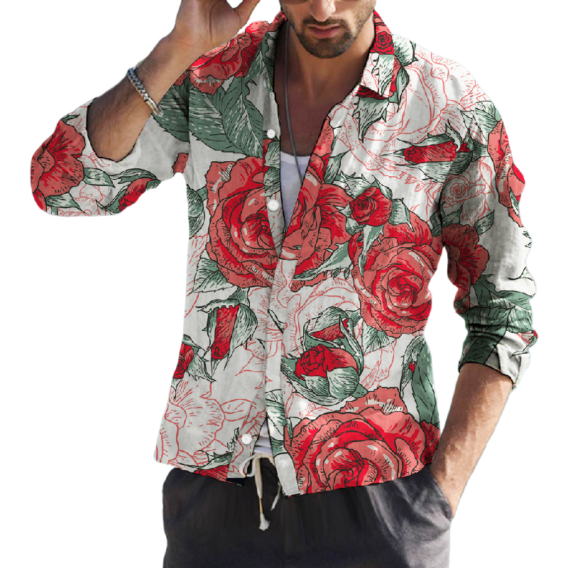 Men's Floral Print Lapel Long Sleeve Shirt