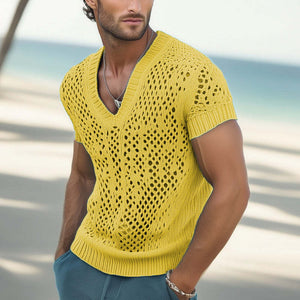 Camiseta de punto de malla transpirable con cuello en V de moda de verano para hombre