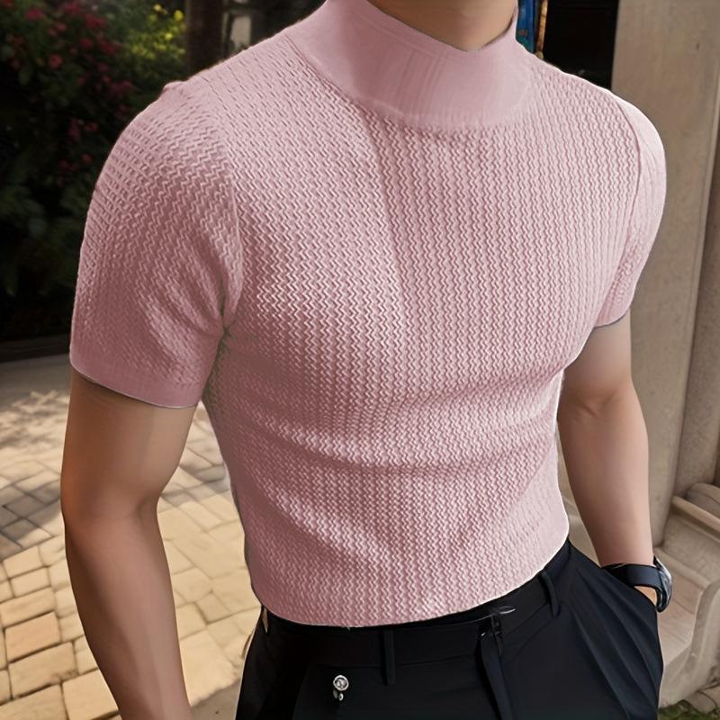 Herren-T-Shirt mit halbem Rollkragen, einfarbig, eng gestrickt, kurzärmelig