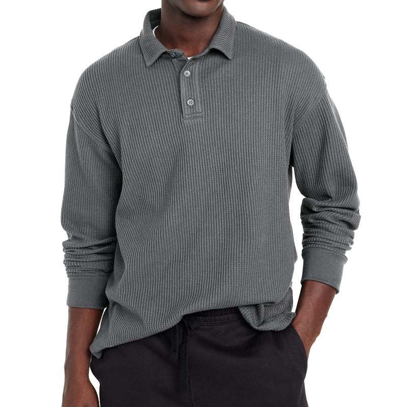 Men's Casual Solid Color Button Lapel Long Sleeve Polo Shirt