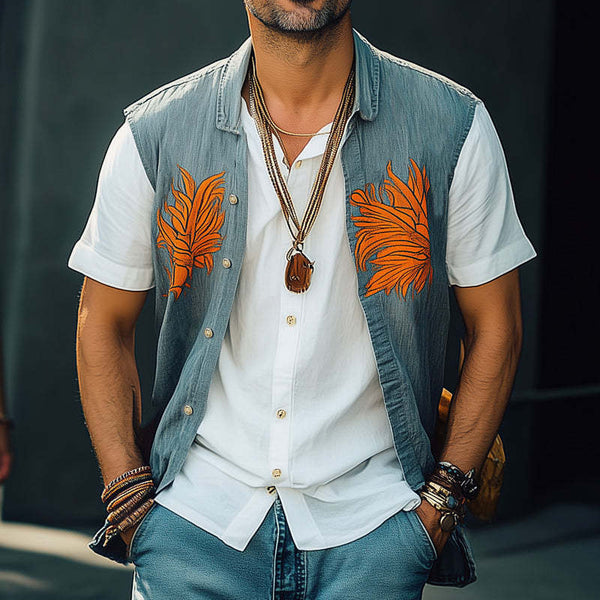Herren-Weste aus gewaschenem Denim mit Colorblock-Stickerei für den Sommer