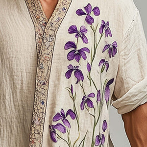 Camisa de manga larga de algodón y lino retro de moda de primavera para hombre