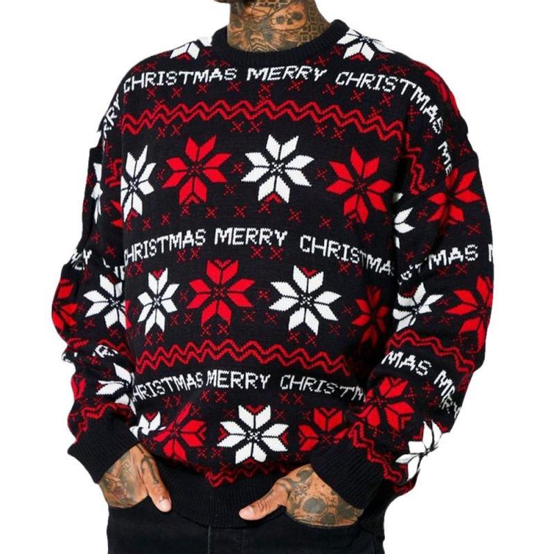 Suéter informal navideño de punto con cuello redondo y jacquard para hombre
