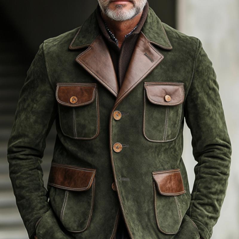 Einreihiger Vintage-Blazer aus Wildleder und Leder mit mehreren Taschen für Herren