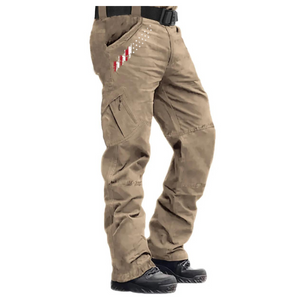 Pantalones cargo con múltiples bolsillos y cremallera con bandera de EE. UU. (sin cinturón)