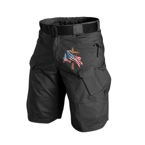 Pantalones cortos cargo tácticos de alto rendimiento con múltiples bolsillos y cintura de 11 pulgadas con bandera de EE. UU. Cinturón sin hebilla