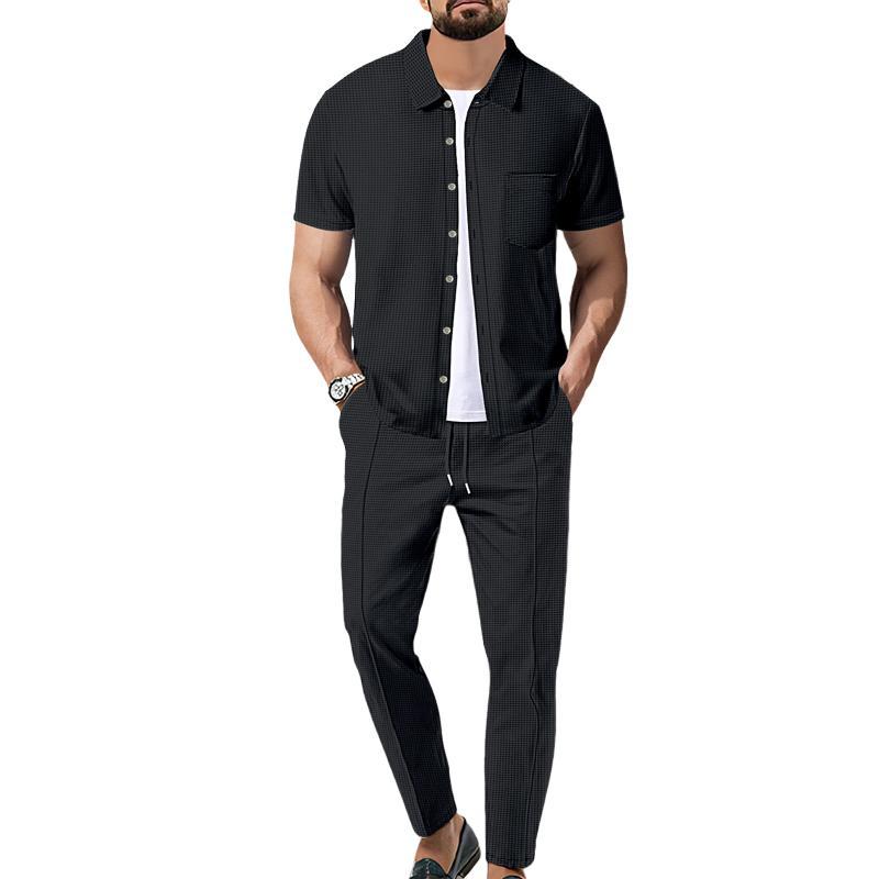 Men's Waffle Solid Color Short Sleeve Shirt And Pants Set