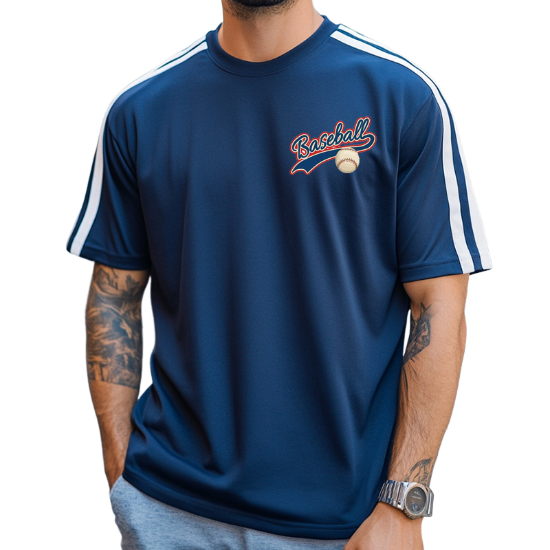 Herren Retro Casual Gestreiftes Baseball-Print Rundhals Kurzarm-T-Shirt