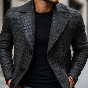 Herren Blazer mit Vintage-Steinmuster und fallendem Revers im Slim Fit aus Leder