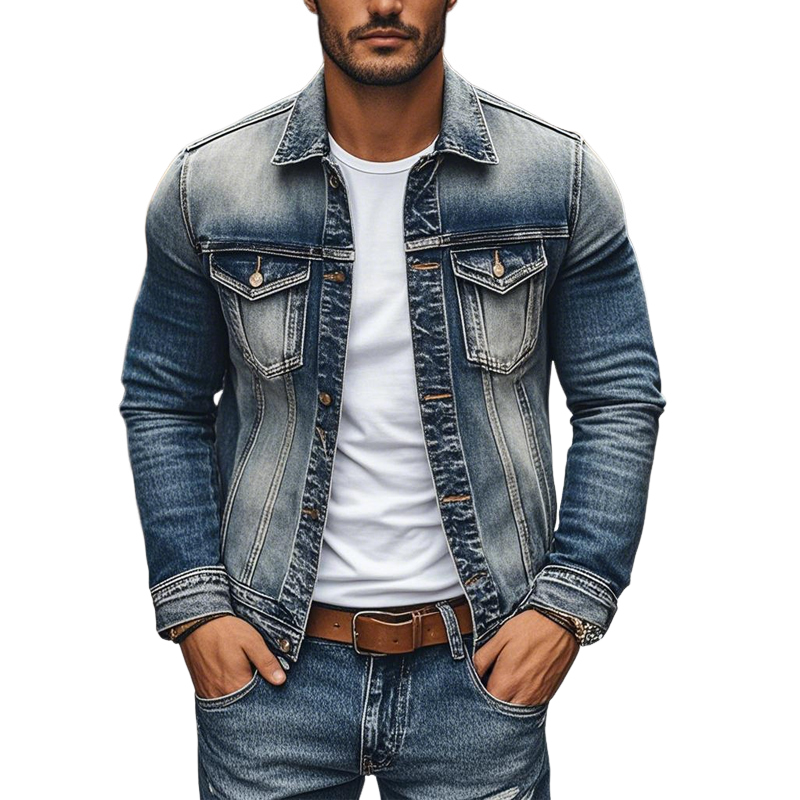 Men's Vintage Denim Heavy Wash Lapel Single Breasted Slim Fit Jacket MTA0222D8M