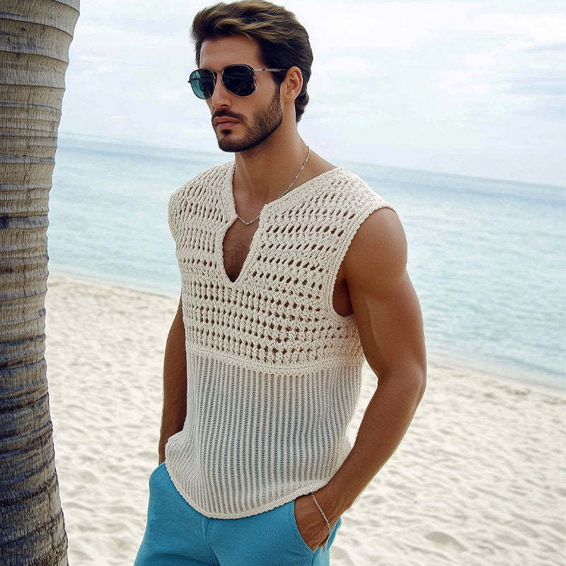 Camiseta sin mangas de punto calado de moda de verano para hombre