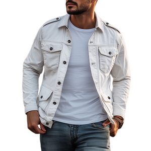 Chaqueta clásica informal de trabajo para hombre, lavada, con múltiples bolsillos y charreteras