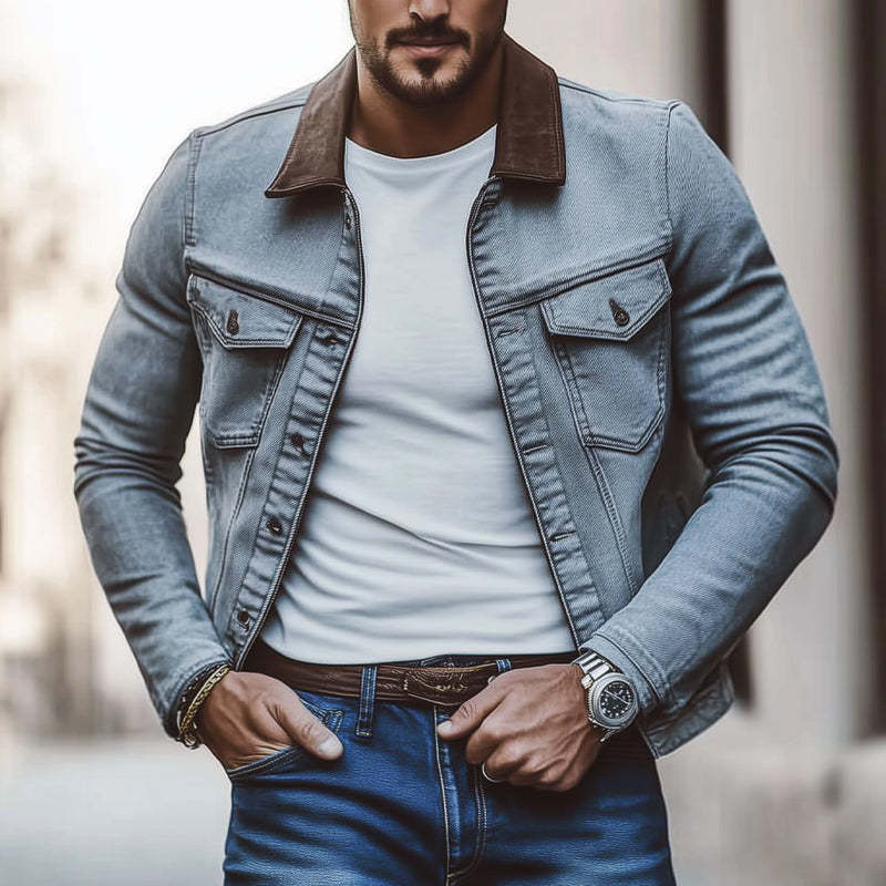 Men's Gray Distressed Lapel Washed Denim Jacket
