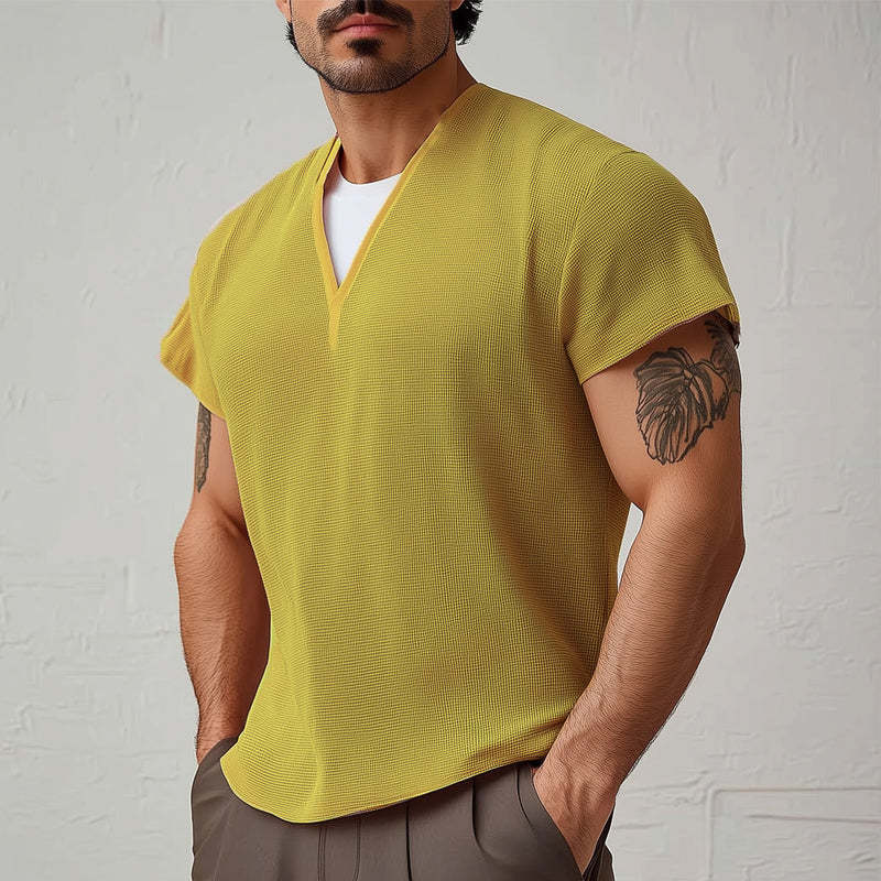 Herren Sommer Basic V-Ausschnitt Strukturiertes Kurzarm T-Shirt