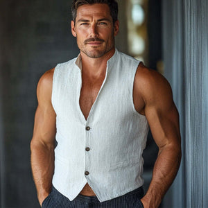 Chaleco de algodón y lino blanco puro con cuello alto y tres botones para hombre