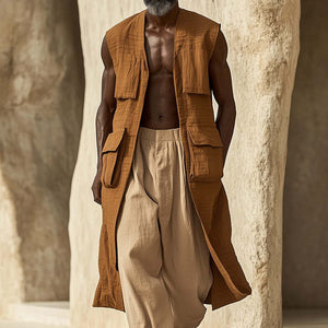 Lange ärmellose Leinenweste im Western-Vintage-Stil für Herren
