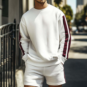Men's Retro Casual Striped Crew Neck Sweatshirt Shorts Two-Piece Set