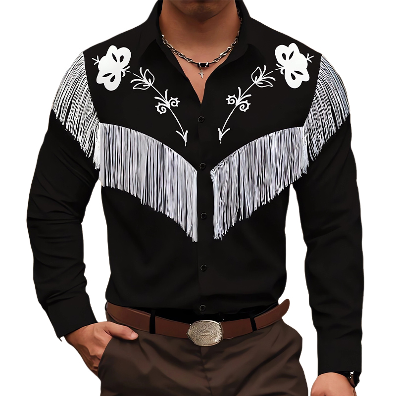 Camisa de algodón de manga larga con borlas bordadas vintage para hombre
