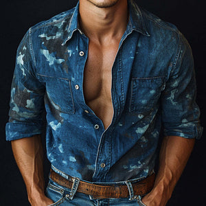 Men's Spring And Autumn Dark Blue Denim Printed Shirt