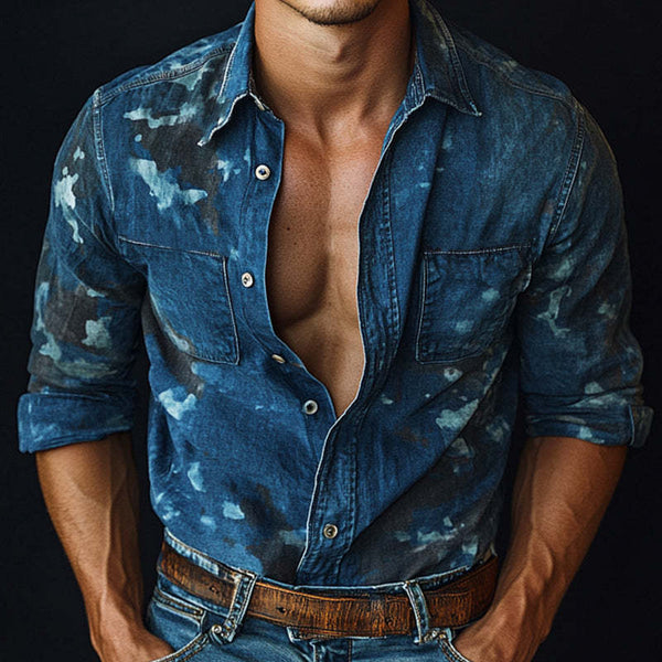 Camisa vaquera azul oscuro estampada para hombre, primavera y otoño