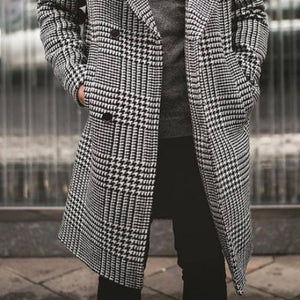 Men's Retro Classic Casual Double Breasted Knee-Length Houndstooth Coat