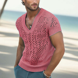 Camiseta de punto de malla transpirable con cuello en V de moda de verano para hombre