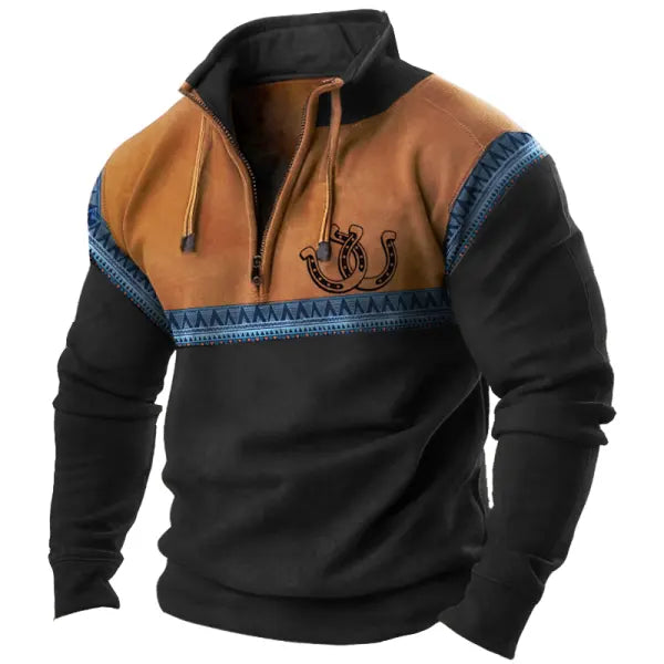 Men's Vintage Quarter Zip Patchwork Drawstring Horseshoe Western Sweatshirt