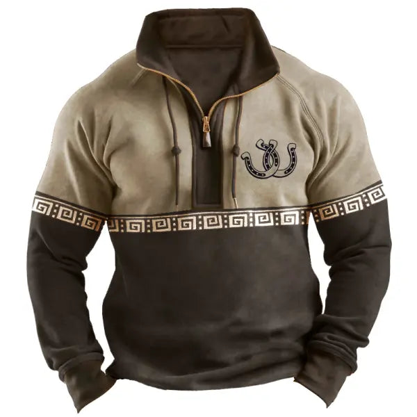 Men's Vintage Quarter Zip Patchwork Drawstring Horseshoe Western Sweatshirt