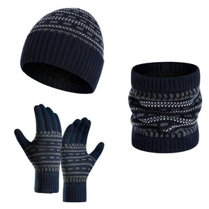 Dreiteiliges Set aus warmer Strickmütze, Schal und Handschuhen für Herren