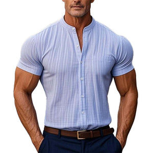 Men's Solid Color Casual Stand Collar Short Sleeve Shirt