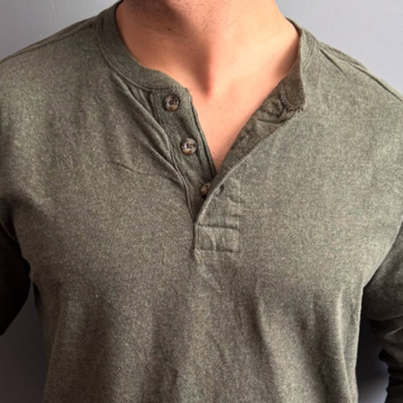 Herren-Langarm-T-Shirt im Retro-Stil mit Henley-Kragen und gewaschenem Kragen