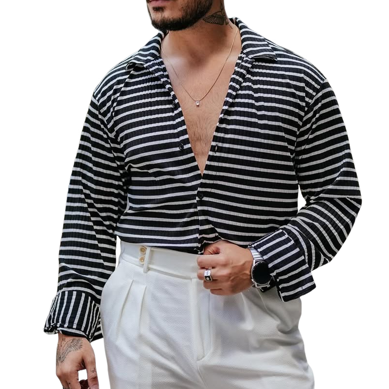 Men's Fashion Striped Lapel Long Sleeve Shirt