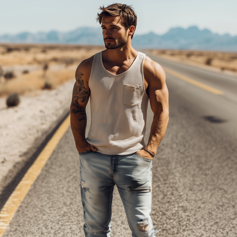 Camiseta sin mangas informal de estilo waffle para hombre, de primavera y verano