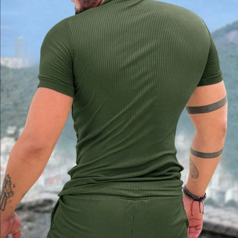 Conjunto de dos piezas de manga corta con pantalones cortos texturizados a rayas para hombre
