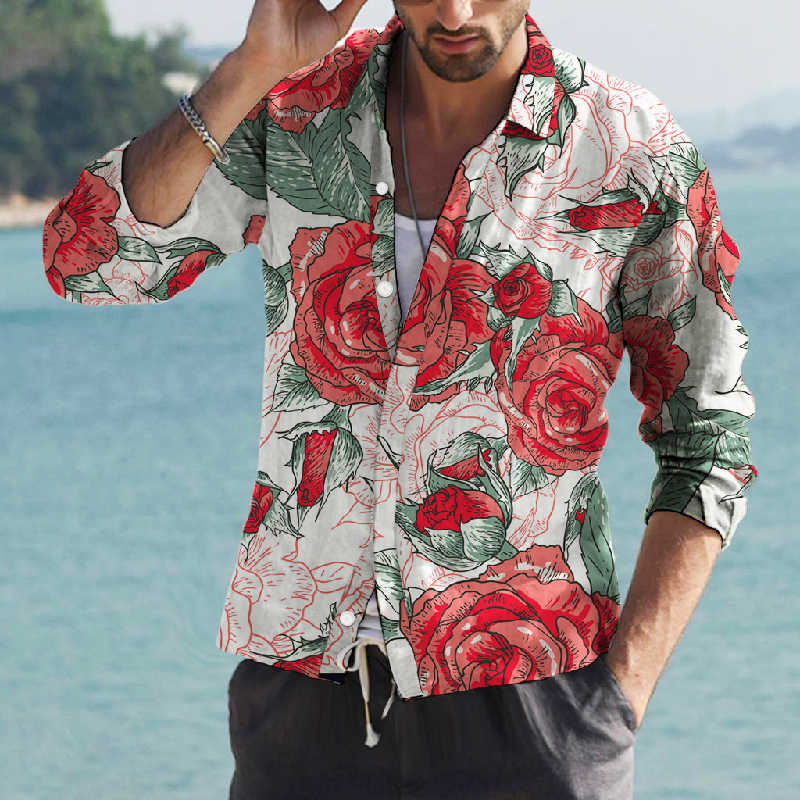 Men's Floral Print Lapel Long Sleeve Shirt