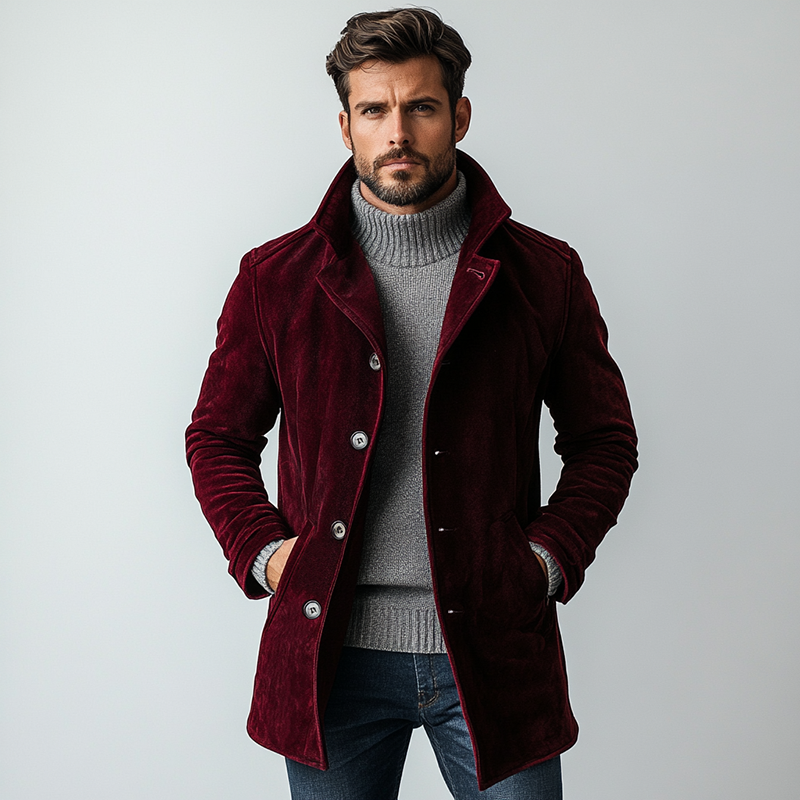 Abrigo vintage de ante con botonadura sencilla y largo medio para hombre